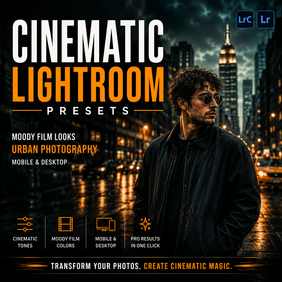 Cinematic Lightroom presets with moody film colors for urban photography on mobile and desktop.