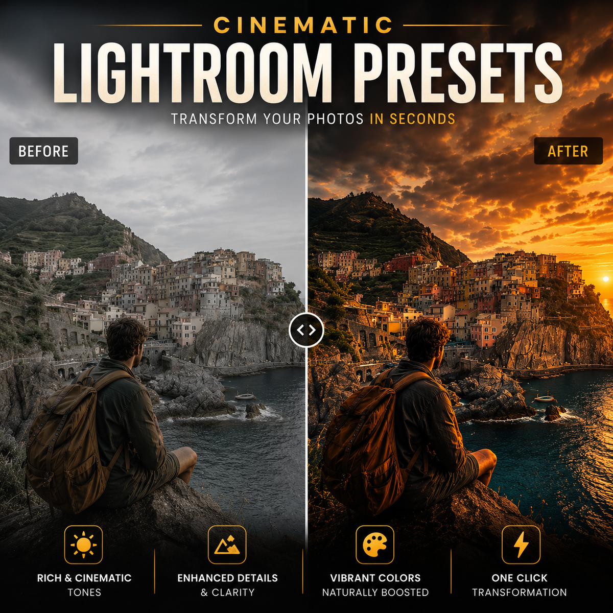 Promotional graphic for cinematic Lightroom presets, showing a split-screen before/after photo comparison of a coastal hillside town with a seated person in the foreground. Large text reads 'CINEMATIC LIGHTROOM PRESETS' with smaller copy about transforming photos in seconds, plus feature icons at the bottom.
