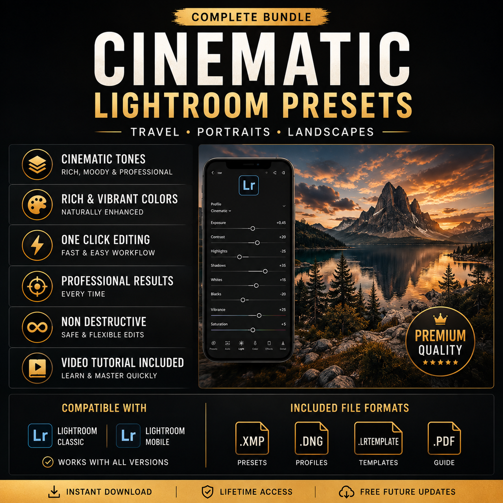 Promotional graphic for a 'Cinematic Lightroom Presets' digital download bundle, featuring a smartphone mockup displaying the Lightroom app with preset sliders, set against a scenic mountain lake landscape. The design uses a dark theme with gold and white text, highlighting key features like cinematic tones, rich colors, and one-click editing.