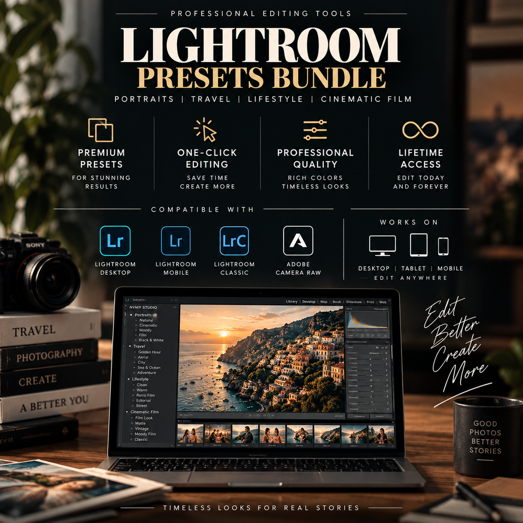Promotional graphic for a Lightroom presets bundle, showing a laptop with a Lightroom workspace interface open on a desk, surrounded by books, a camera, and a mug. Text highlights premium presets, one-click editing, professional quality, and compatibility with Lightroom Desktop and Mobile, with Lightroom and Lightroom Classic logos visible.