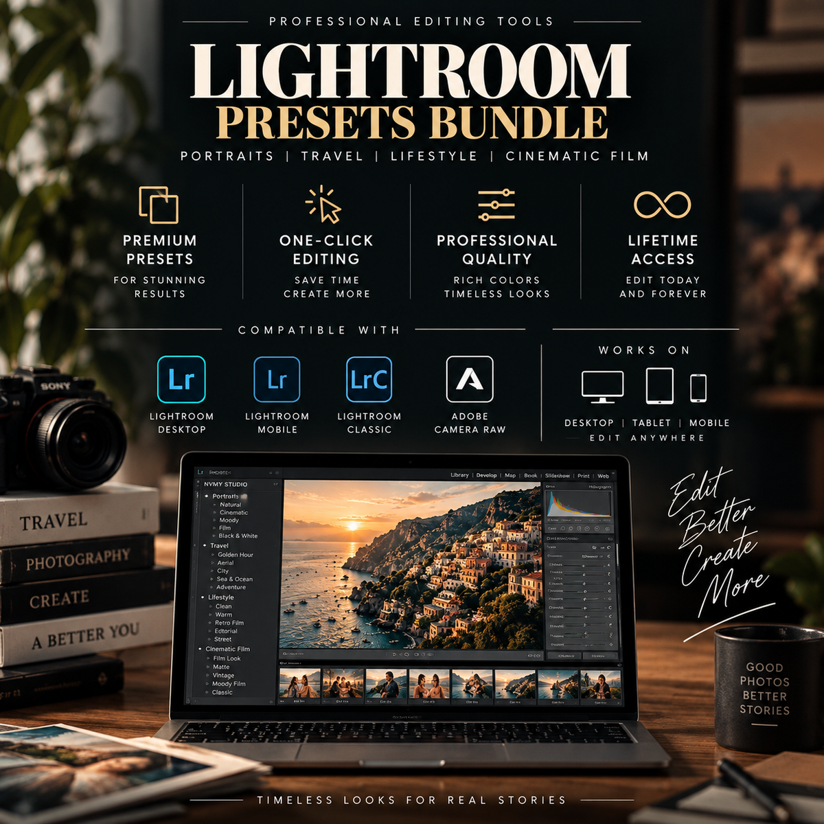 Promotional graphic for a Lightroom presets bundle, showing a laptop with a Lightroom workspace interface open on a desk, surrounded by books, a camera, and a mug. Text highlights premium presets, one-click editing, professional quality, and compatibility with Lightroom Desktop and Mobile, with Lightroom and Lightroom Classic logos visible.