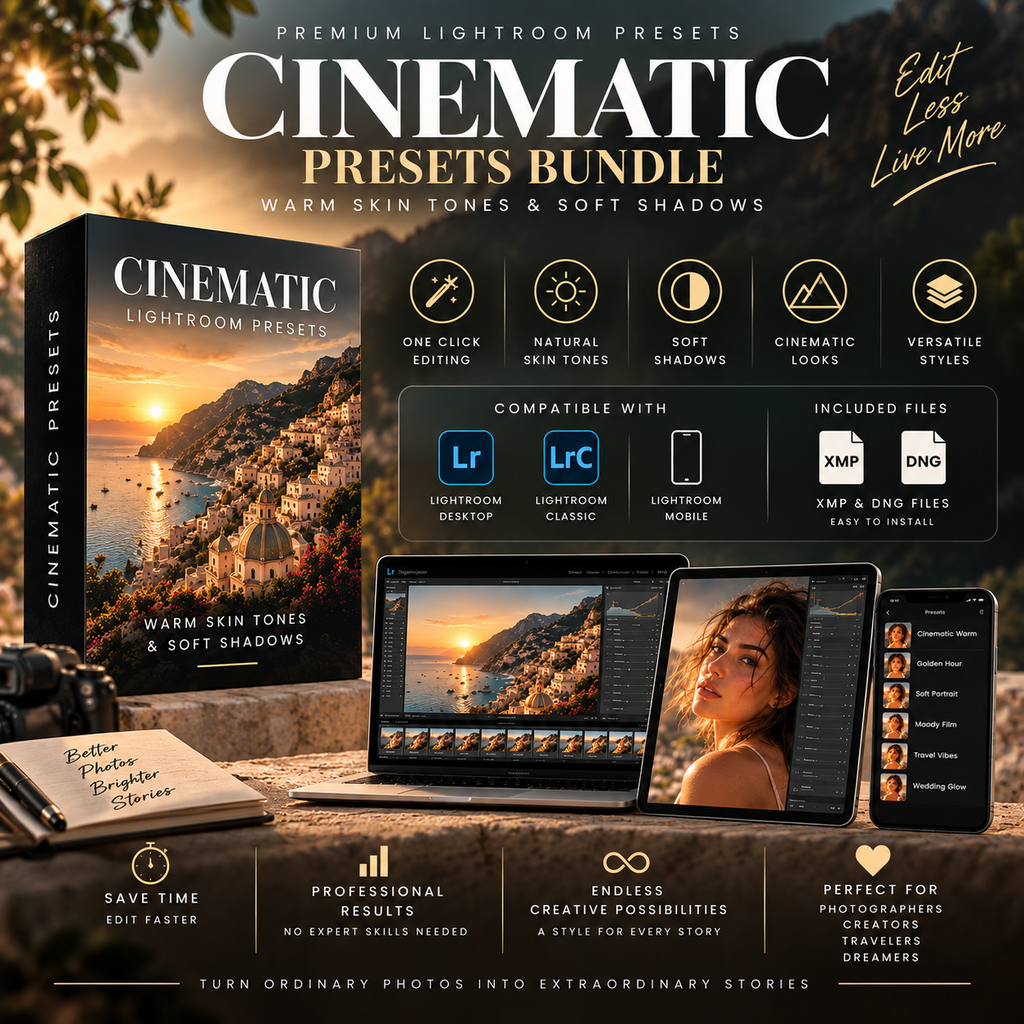 Promotional graphic for a 'Cinematic Presets Bundle' for Lightroom, showing a book cover, desktop and mobile app screens, and feature icons on a dark background.