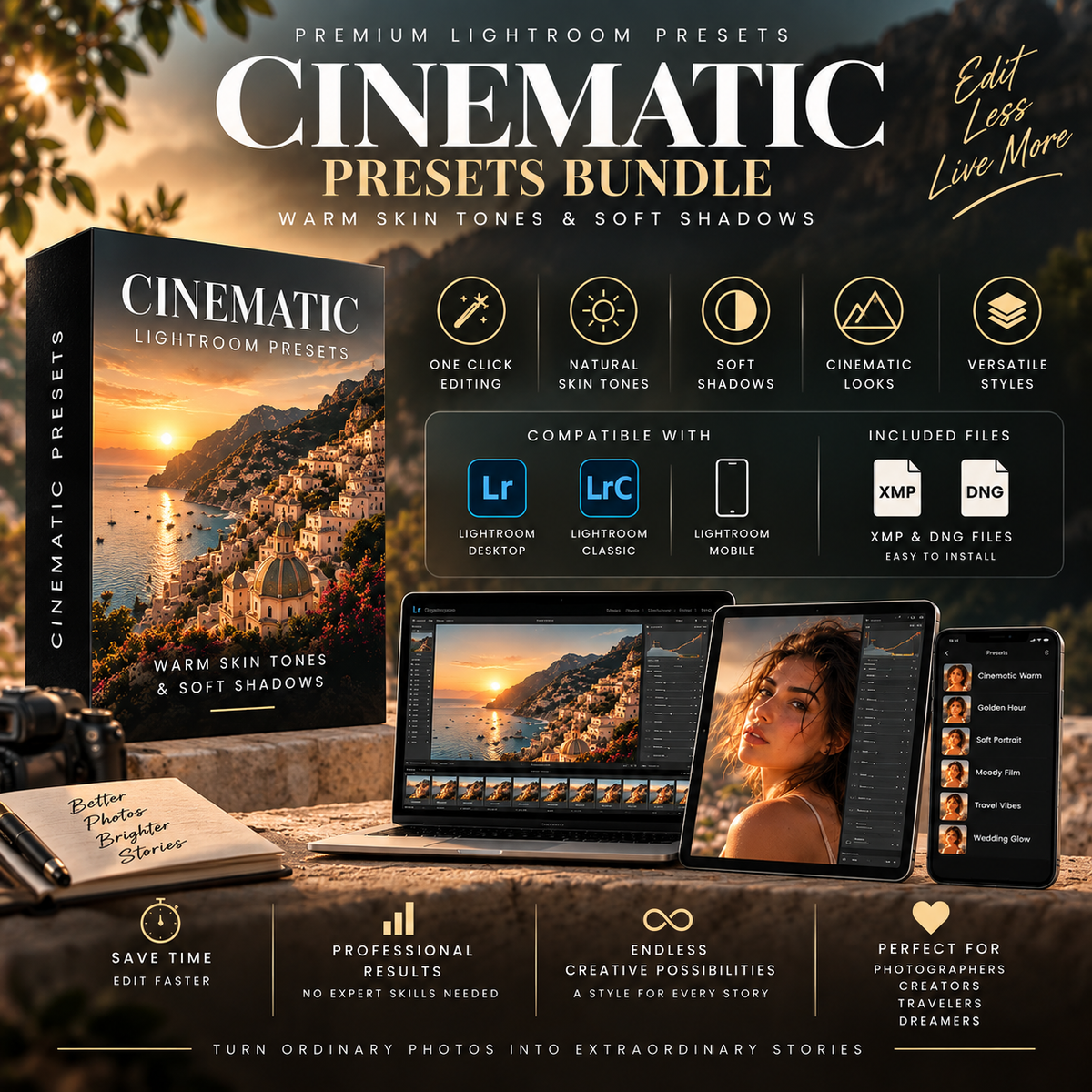 Promotional graphic for a 'Cinematic Presets Bundle' for Lightroom, showing a book cover, desktop and mobile app screens, and feature icons on a dark background.