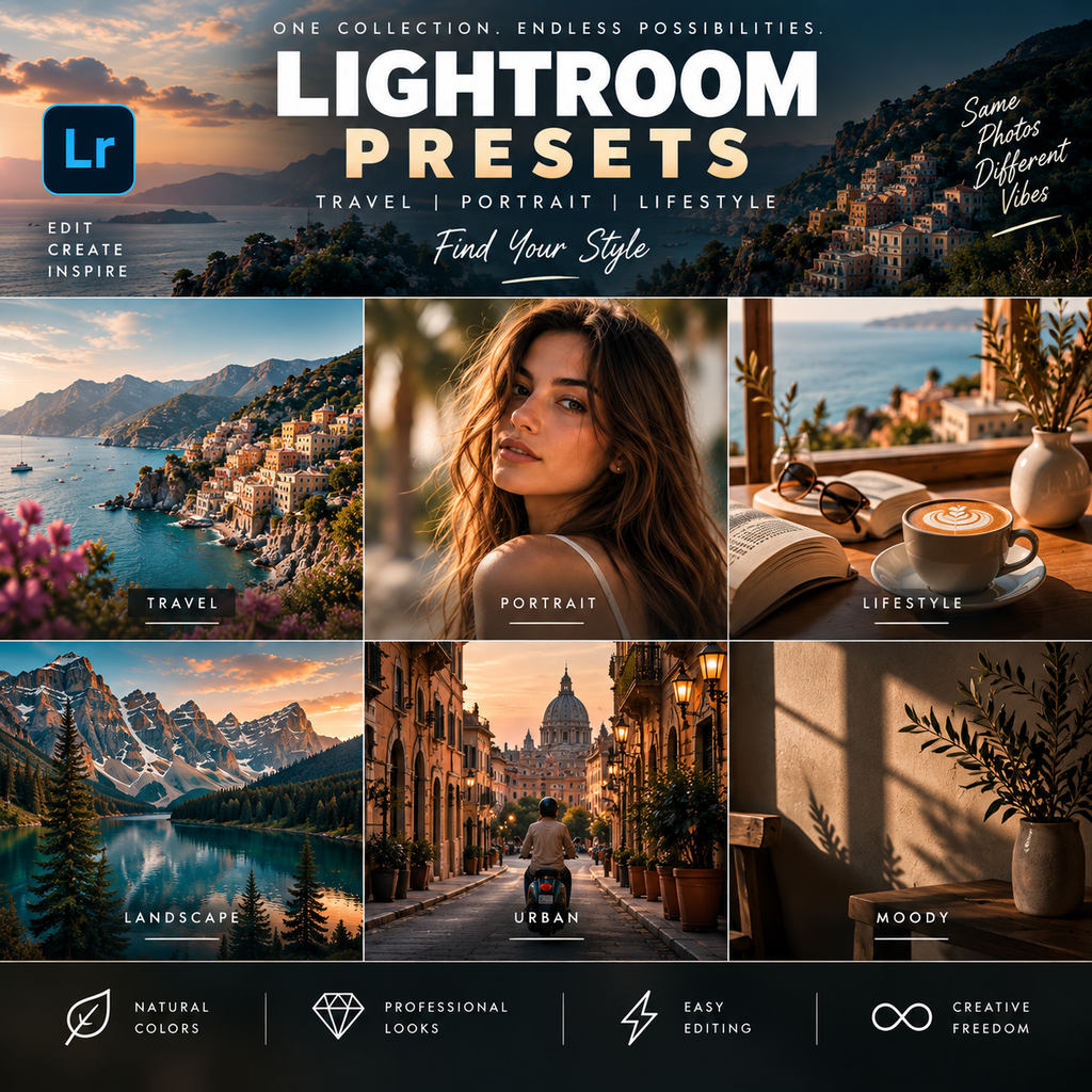 Promotional graphic for Lightroom presets showing a scenic collage of travel, portrait, lifestyle, and landscape photos with warm golden-hour editing. Large text reads 'LIGHTROOM PRESETS' with smaller labels for Travel, Portrait, Lifestyle, and Landscape.