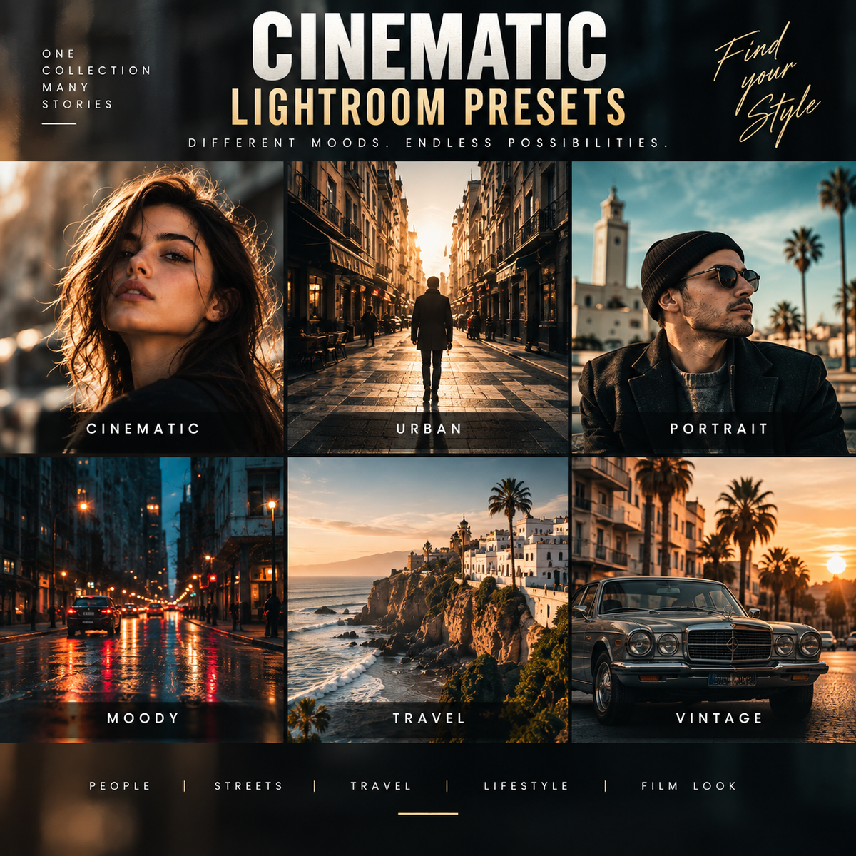 Promotional graphic for cinematic Lightroom presets, featuring a 2x3 grid of six example photos with labels: Cinematic, Urban, Portrait, Moody, Travel, and Vintage. The top has large text reading 'CINEMATIC LIGHTROOM PRESETS' and a script phrase 'Find your Style.