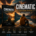 Promotional graphic for 'Cinematic Lightroom Presets' by Nymy Studio, showing a book-style product cover on the left and a scenic mountain lake photo with a seated person on the right. Large text reads 'CINEMATIC LIGHTROOM PRESETS' and 'MOBILE & DESKTOP.