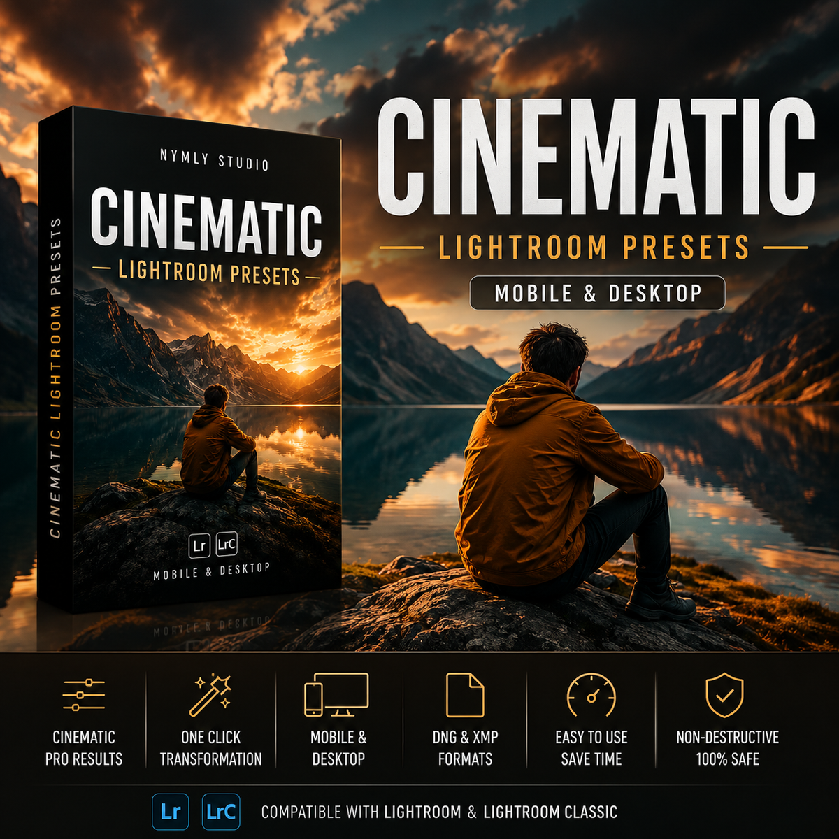 Promotional graphic for 'Cinematic Lightroom Presets' by Nymy Studio, showing a book-style product cover on the left and a scenic mountain lake photo with a seated person on the right. Large text reads 'CINEMATIC LIGHTROOM PRESETS' and 'MOBILE & DESKTOP.
