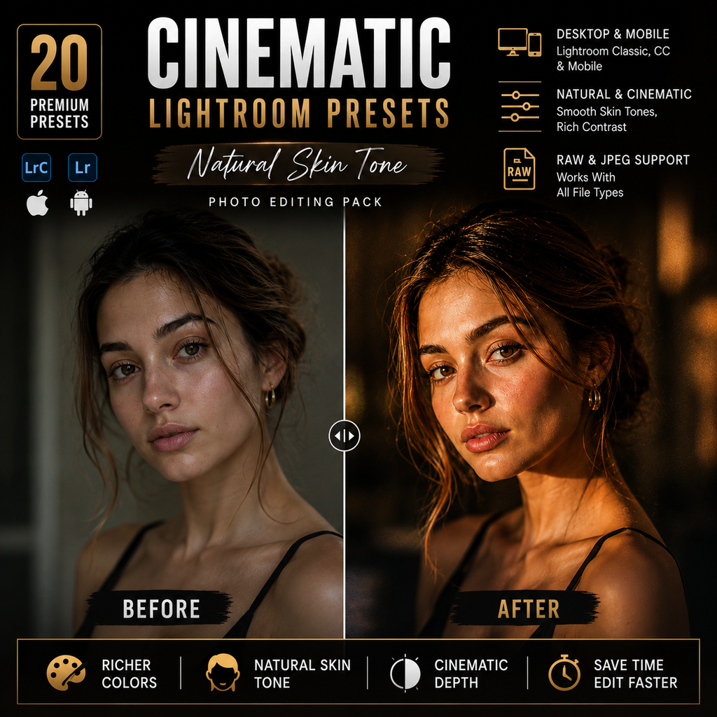 Promotional graphic for cinematic Lightroom presets with a before-and-after portrait comparison of a woman's face. The design includes text such as 'CINEMATIC LIGHTROOM PRESETS,' 'Natural Skin Tone,' and feature callouts for desktop and mobile compatibility, plus app icons for Lightroom and Apple devices.