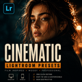 Promotional graphic for Cinematic Lightroom Presets, featuring a moody close-up portrait of a woman with dramatic warm lighting and dark shadows. The Adobe Lightroom logo appears in the top-left corner, with large text reading 'CINEMATIC LIGHTROOM PRESETS' and smaller feature callouts for desktop and mobile use.