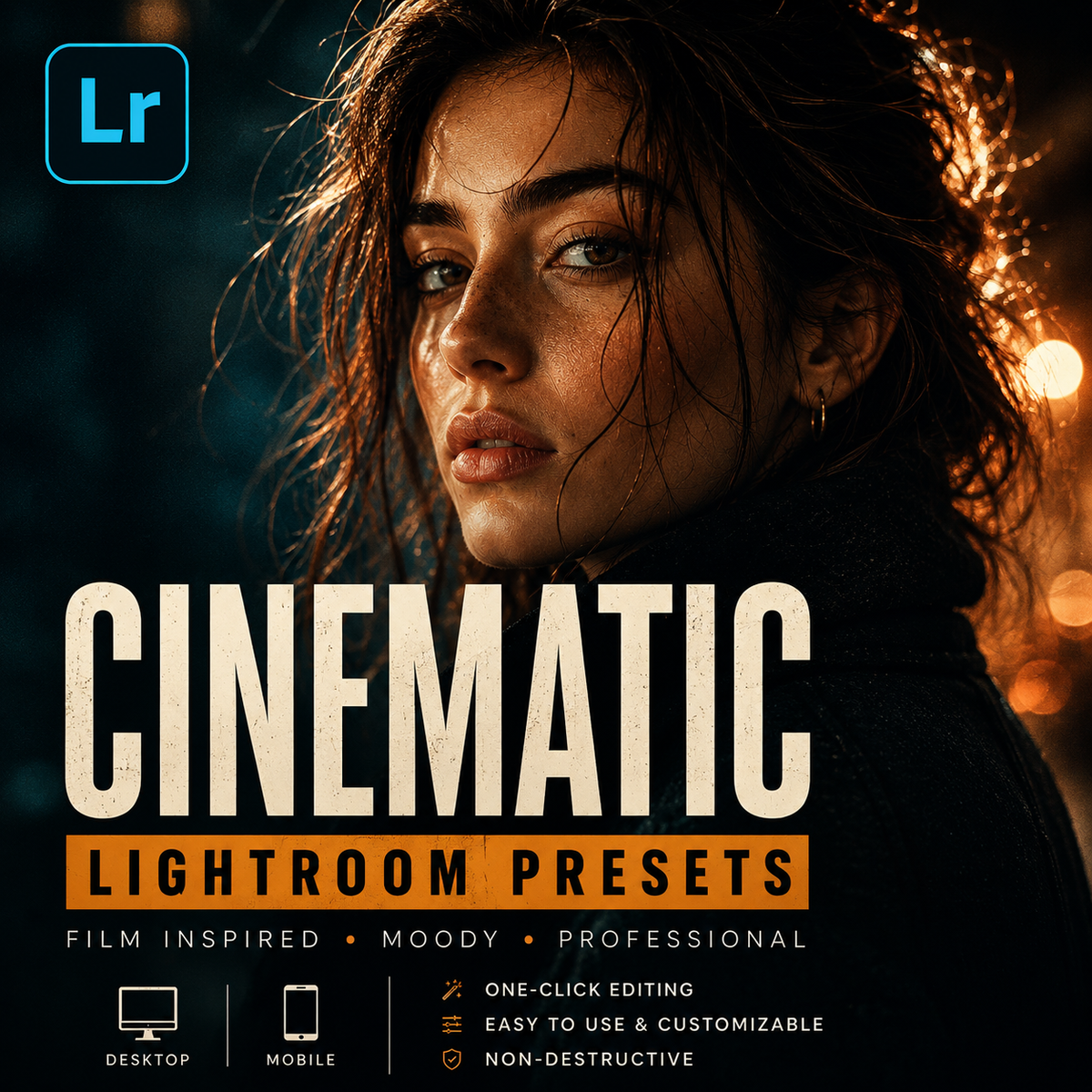Promotional graphic for Cinematic Lightroom Presets, featuring a moody close-up portrait of a woman with dramatic warm lighting and dark shadows. The Adobe Lightroom logo appears in the top-left corner, with large text reading 'CINEMATIC LIGHTROOM PRESETS' and smaller feature callouts for desktop and mobile use.