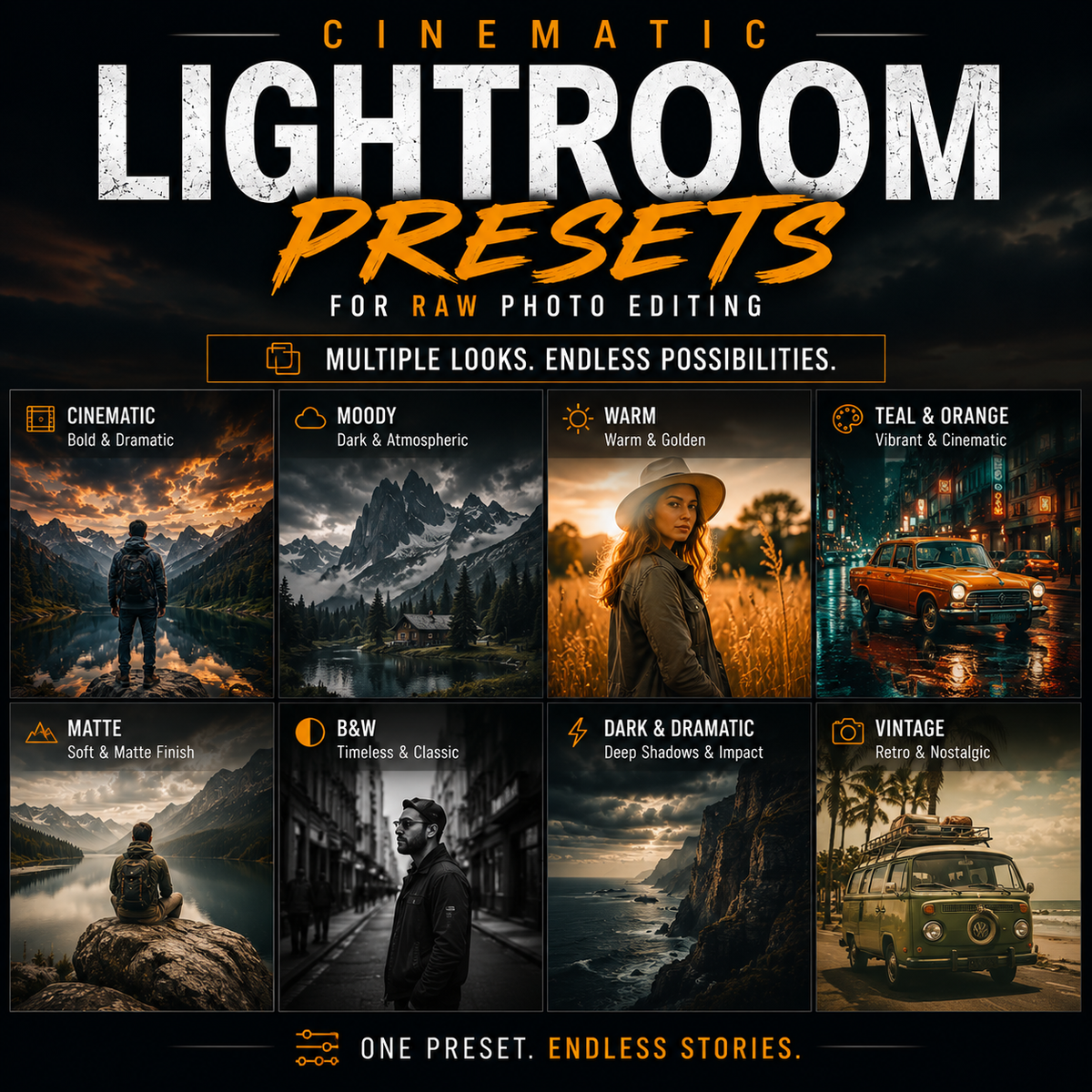 Promotional graphic for Cinematic Lightroom Presets, showing a grid of eight example photo-editing presets with scenic images and labels such as Bold & Dramatic, Moody, Warm & Golden, Teal & Orange, Matte, B&W, Dark & Dramatic, and Vintage.