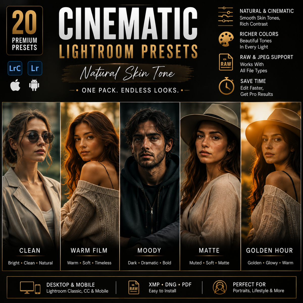 Promotional graphic for a pack of 20 cinematic Lightroom presets with five portrait example panels labeled Clean, Warm Film, Moody, Matte, and Golden Hour. Text highlights natural cinematic tones, richer colors, raw and JPEG support, save time, and desktop/mobile compatibility.