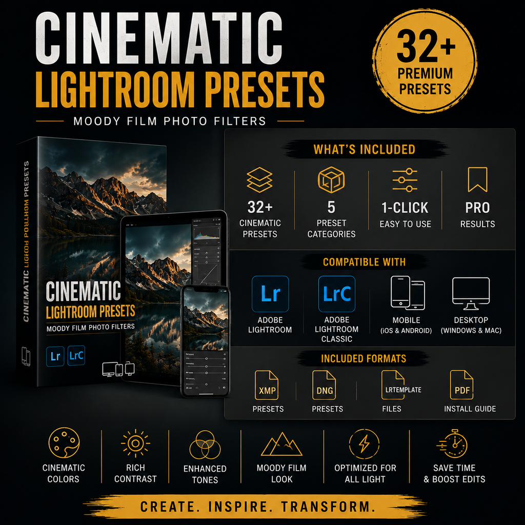 Promotional graphic for cinematic Lightroom presets, showing a boxed product mockup, a smartphone, and a tablet with moody mountain photo filters, plus text highlighting 32+ premium presets, compatibility with Adobe Lightroom and macOS, and included file formats on a black background.