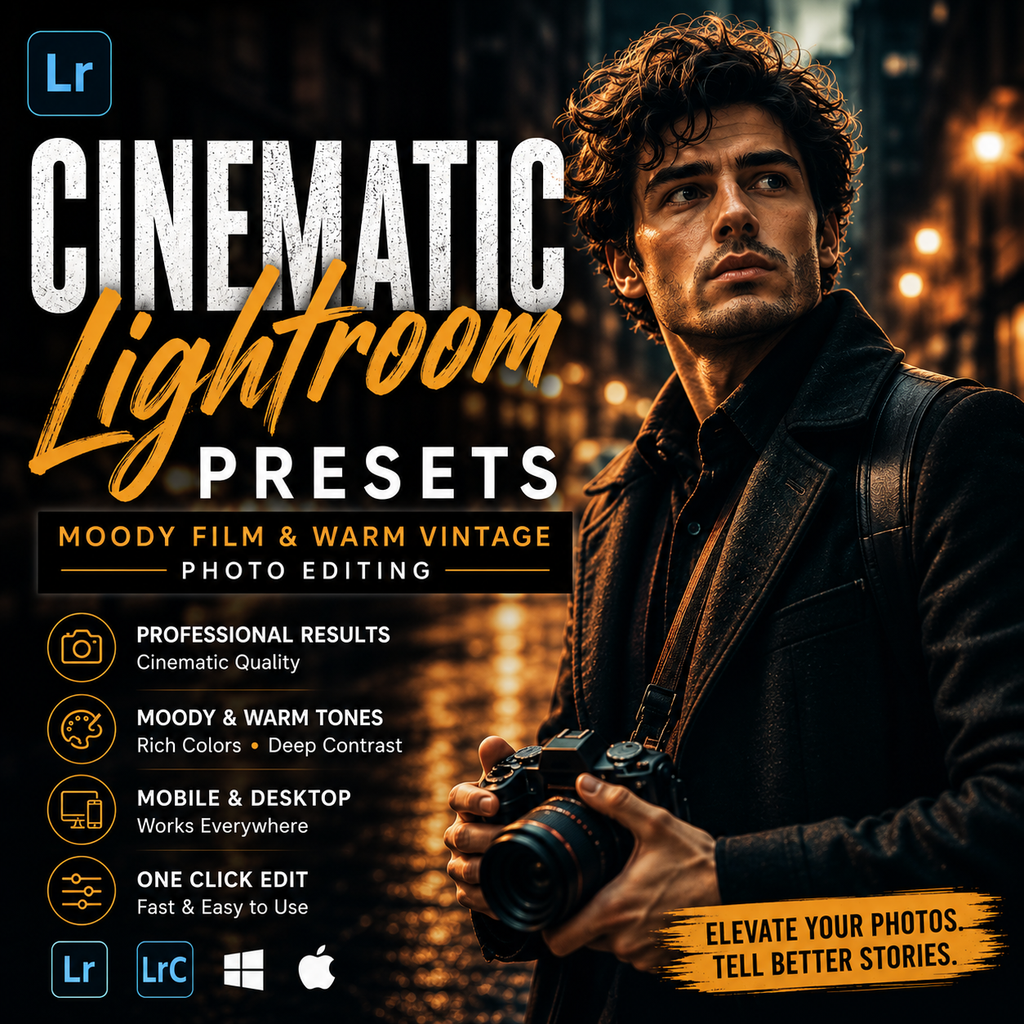 Promotional graphic for Cinematic Lightroom Presets, showing a man holding a camera against a warm, blurred city street at night. Large text reads 'CINEMATIC Lightroom PRESETS' with feature callouts on the left and Lightroom/LrC, Windows, and Apple logos at the bottom.