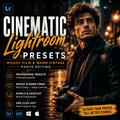 Promotional graphic for Cinematic Lightroom Presets, showing a man holding a camera against a warm, blurred city street at night. Large text reads 'CINEMATIC Lightroom PRESETS' with feature callouts on the left and Lightroom/LrC, Windows, and Apple logos at the bottom.