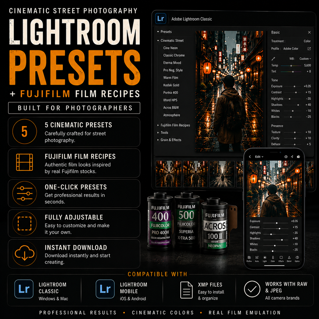 Promotional graphic for Lightroom presets and Fujifilm film recipes, with large orange and white text, feature icons, a sample cinematic cityscape photo, and three illustrated Fujifilm film canisters on a dark background.
