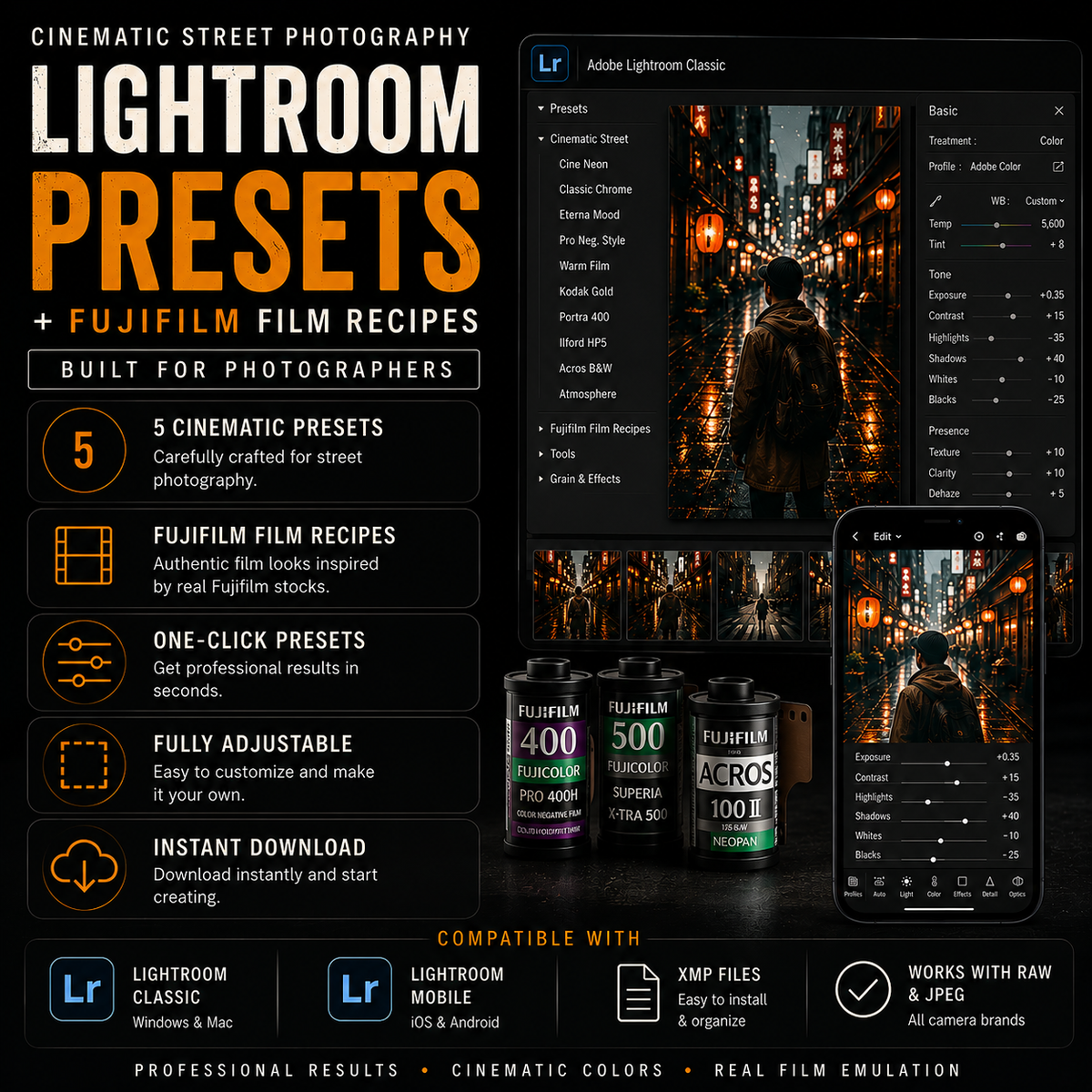 Promotional graphic for Lightroom presets and Fujifilm film recipes, with large orange and white text, feature icons, a sample cinematic cityscape photo, and three illustrated Fujifilm film canisters on a dark background.