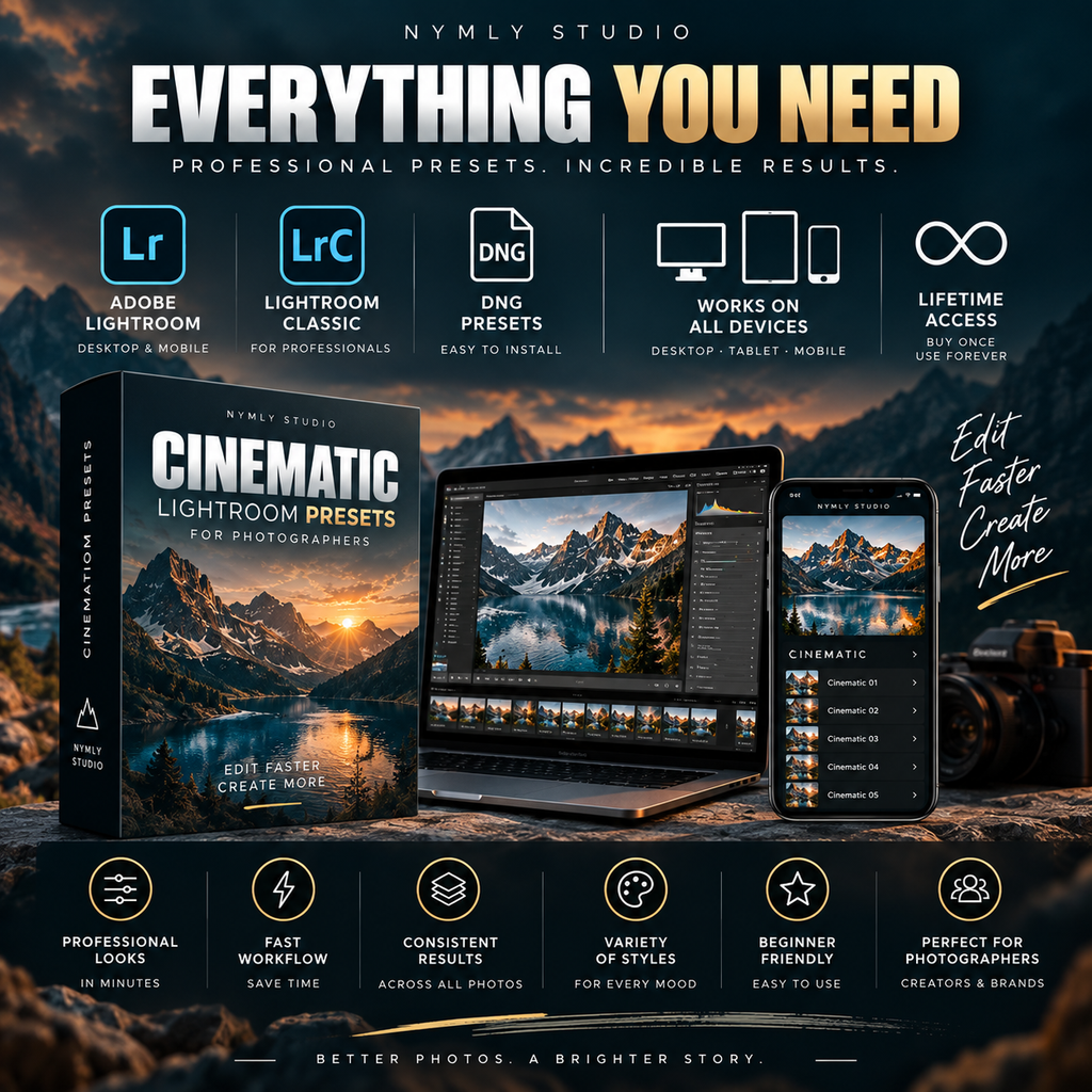 Promotional graphic for a digital product, 'Everything You Need' preset pack by Nymly Studio. The image features a dark, dramatic mountain landscape background with a book mockup, a laptop, and a smartphone displaying the Lightroom presets.
