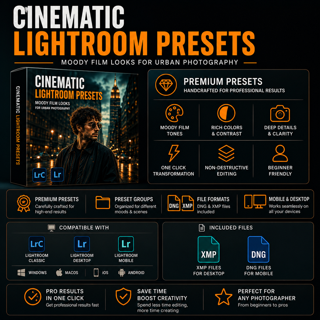 Promotional graphic for cinematic Lightroom presets, showing a dark moody cityscape cover with the title 'Cinematic Lightroom Presets' and multiple feature callouts for mood, contrast, detail, and compatibility with Lightroom, Lightroom Mobile, Windows, macOS, iOS, and Android.