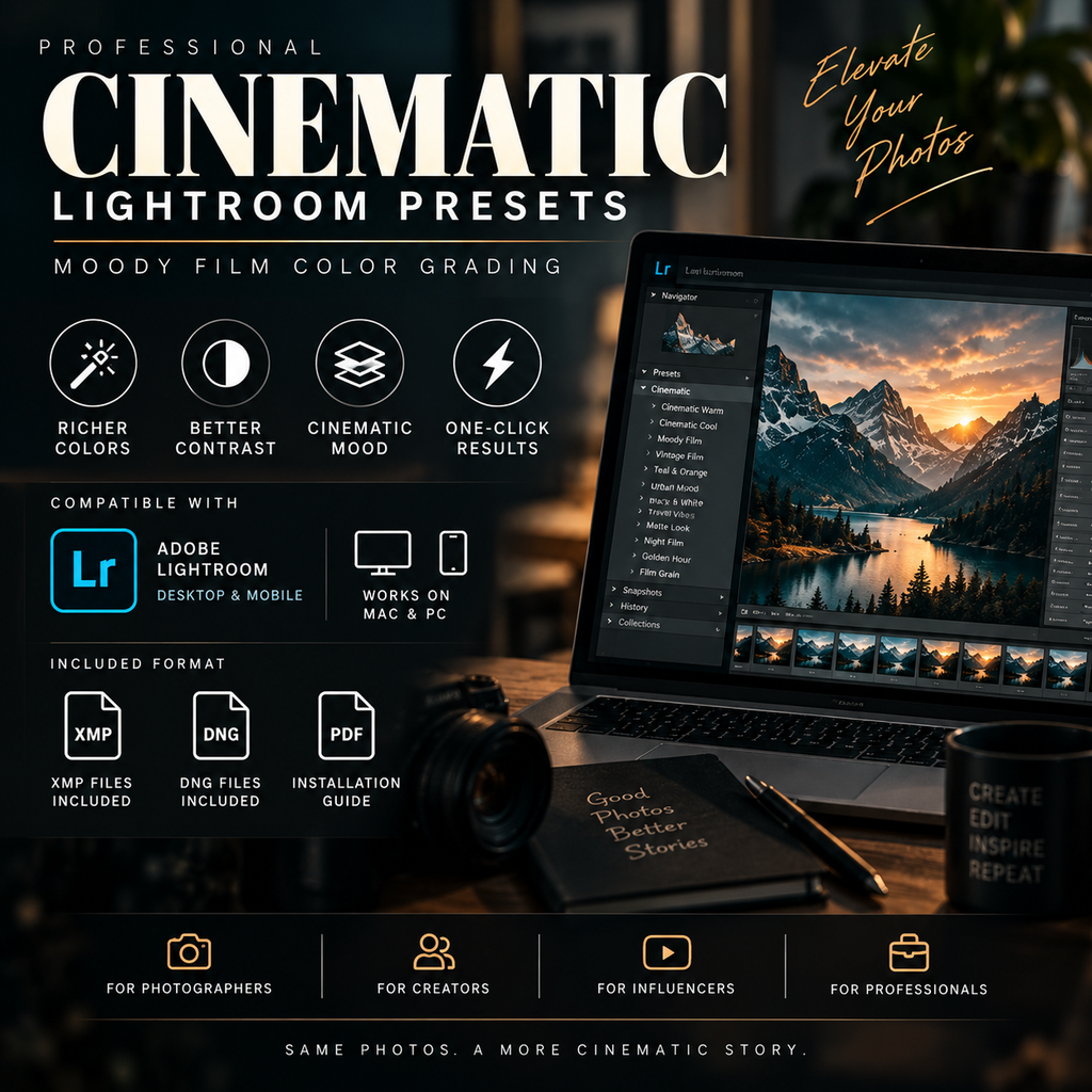 Promotional graphic for cinematic Lightroom presets, featuring a laptop showing a mountain landscape photo with the Lightroom interface, a camera, a pen on a notebook, and text highlighting moody color grading and compatibility with Adobe Lightroom.