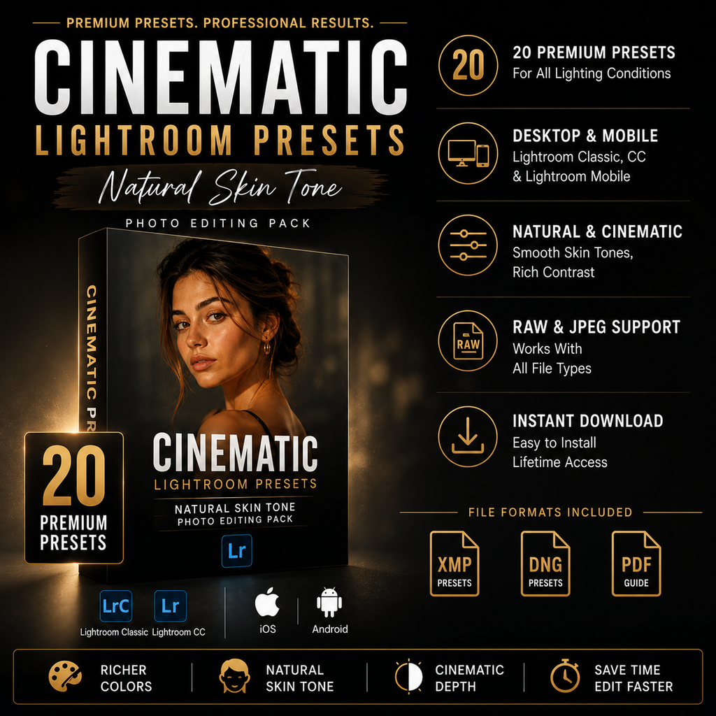 Promotional graphic for Cinematic Lightroom Presets, showing a dark design with large white and gold text, feature callouts, file format icons, and a boxed mockup containing a portrait photo.