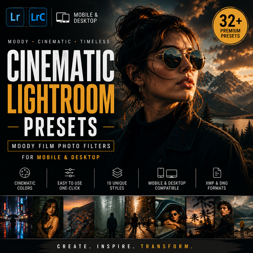 Promotional graphic for cinematic Lightroom presets, featuring a moody portrait of a woman in sunglasses against a mountain landscape. Large text reads 'CINEMATIC LIGHTROOM PRESETS' with smaller text noting mobile and desktop compatibility, plus feature icons and a badge saying '32+ Premium Presets'.