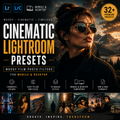 Promotional graphic for cinematic Lightroom presets, featuring a moody portrait of a woman in sunglasses against a mountain landscape. Large text reads 'CINEMATIC LIGHTROOM PRESETS' with smaller text noting mobile and desktop compatibility, plus feature icons and a badge saying '32+ Premium Presets'.