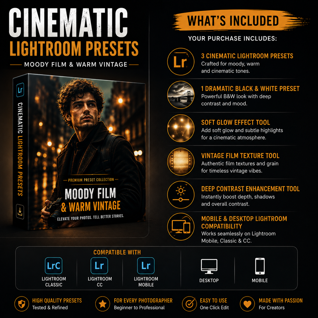 Promotional graphic for a digital product, 'Cinematic Lightroom Presets' in a 'Moody Film & Warm Vintage' style. The image features a 3D software box mockup on the left and a detailed feature list on the right, all set against a dark background with warm orange and yellow highlights.