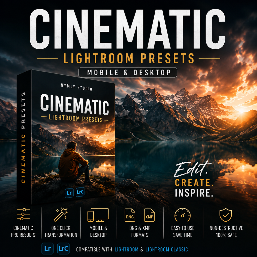 Promotional graphic for Cinematic Lightroom Presets by Nymly Studio, showing a product box mockup, a scenic mountain lake background, and feature icons for mobile and desktop compatibility.