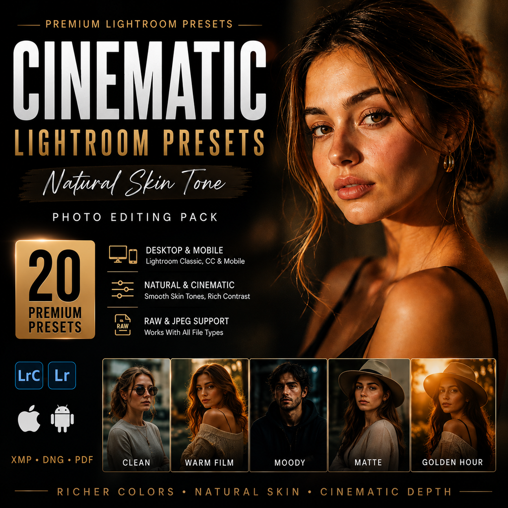 Promotional graphic for a Lightroom preset pack titled 'Cinematic Lightroom Presets' with a large portrait of a woman on the right, feature text on the left, and five smaller example portraits along the bottom showing clean, warm film, moody, matte, and golden hour styles.