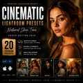 Promotional graphic for a Lightroom preset pack titled 'Cinematic Lightroom Presets' with a large portrait of a woman on the right, feature text on the left, and five smaller example portraits along the bottom showing clean, warm film, moody, matte, and golden hour styles.