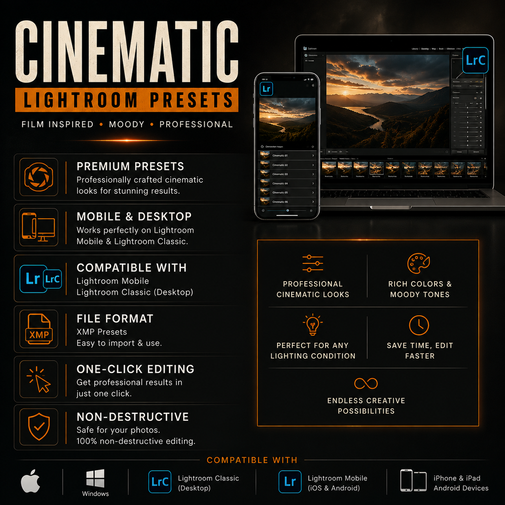 Promotional graphic for Cinematic Lightroom Presets, showing a dark interface mockup on a laptop and phone alongside feature icons and compatibility text for Lightroom, Lightroom Mobile, iOS, and Android.
