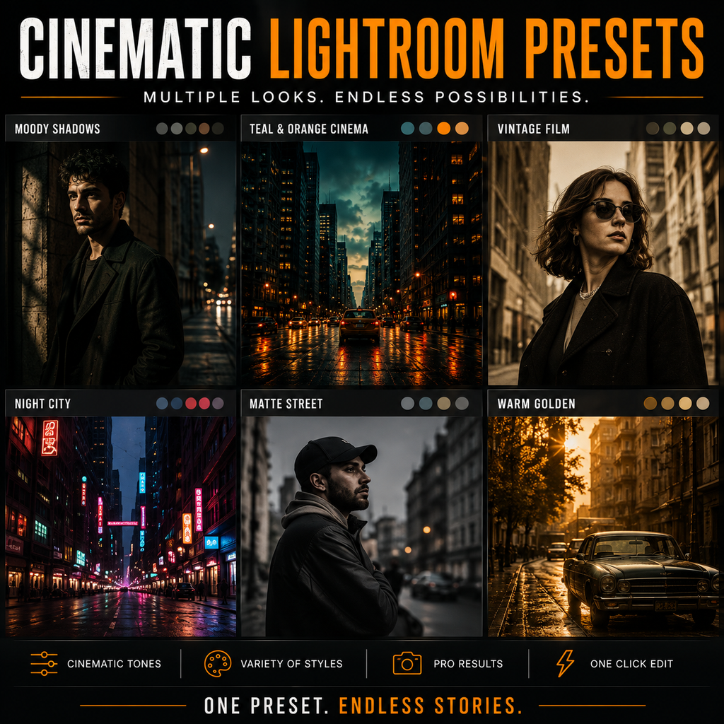Promotional graphic for cinematic Lightroom presets, showing six dark-toned photo examples with labels such as Moody Shadows, Teal & Orange Cinema, Vintage Film, Night City, Matte Street, and Warm Golden. Large text reads 'CINEMATIC LIGHTROOM PRESETS' and 'Multiple looks.