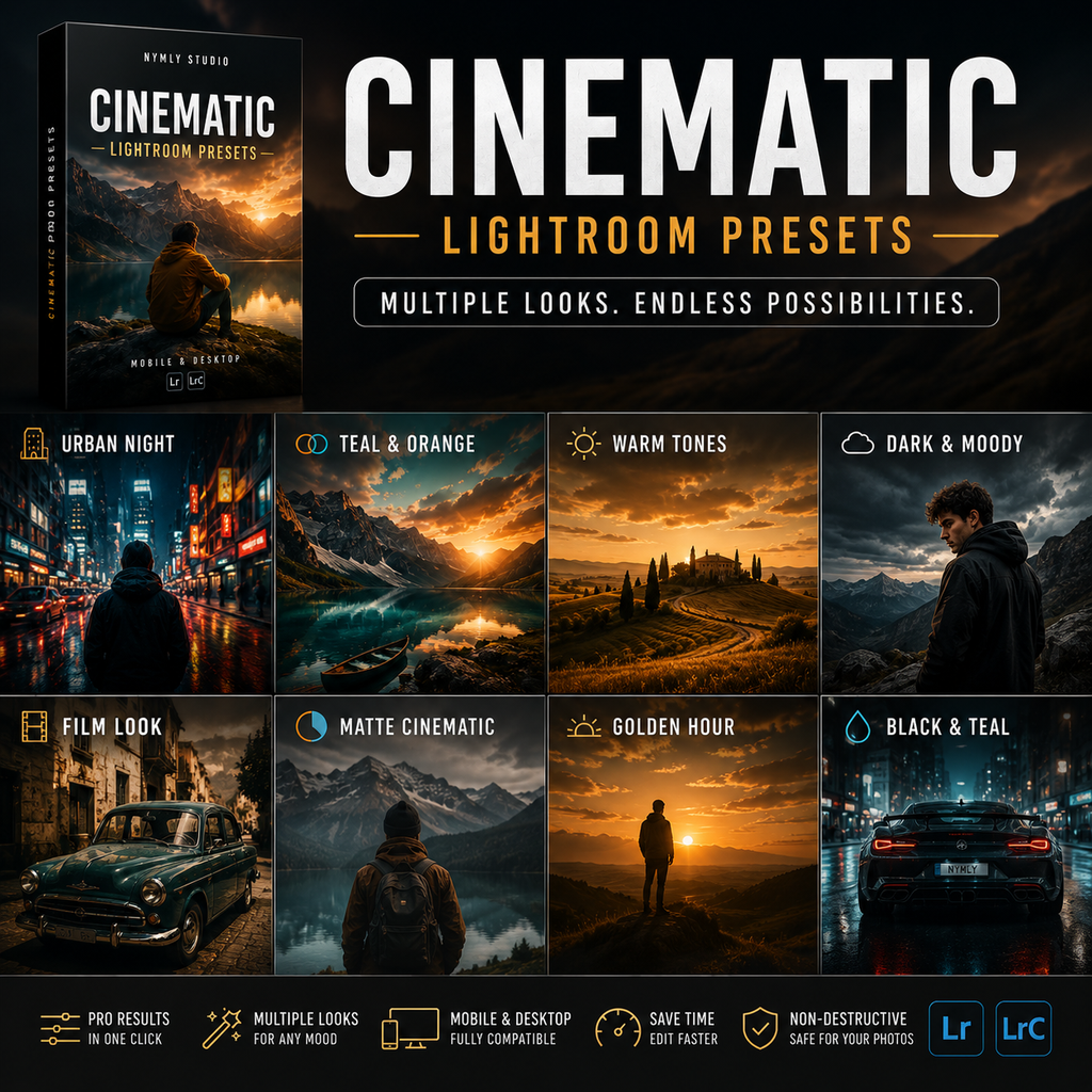 Promotional graphic for Cinematic Lightroom Presets by Nimit Studio, showing a black product box on the left and a grid of nine cinematic scene thumbnails on the right. Text reads 'CINEMATIC LIGHTROOM PRESETS' with descriptors like urban night, teal and orange, warm tones, dark & moody, film look, matte cinematic, golden hour, and black & teal.