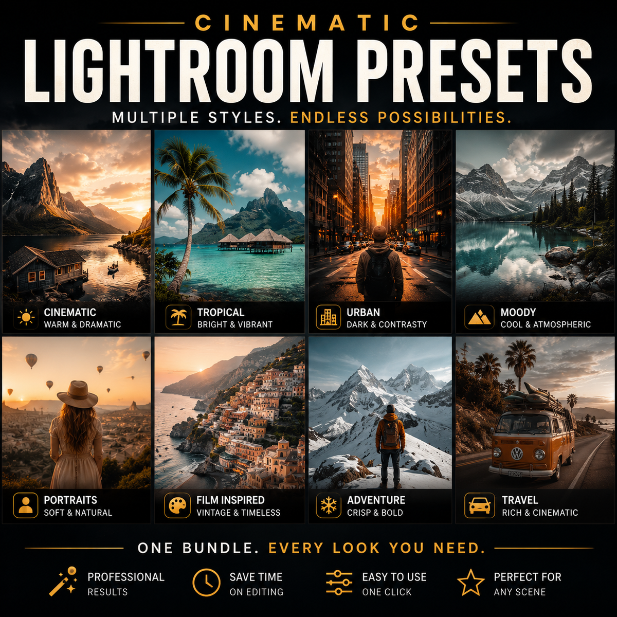 Promotional graphic for cinematic Lightroom presets, showing a grid of eight landscape and portrait photo styles with text labels such as cinematic, tropical, urban, moody, portraits, film inspired, adventure, and travel. Large headline text at the top reads 'Cinematic Lightroom Presets' with supporting copy about multiple styles and endless possibilities.