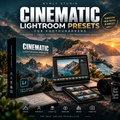 Promotional graphic for 'Cinematic Lightroom Presets' by Nymly Studio, showing a software box, a laptop, a tablet, and a camera on a rocky surface with a scenic mountain-and-coastal-village photo backdrop. Large text reads 'CINEMATIC LIGHTROOM PRESETS FOR PHOTOGRAPHERS' with feature icons along the bottom.