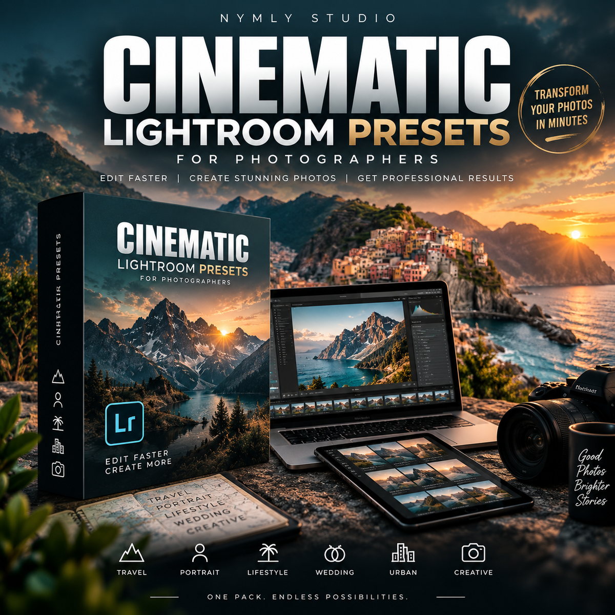 Promotional graphic for 'Cinematic Lightroom Presets' by Nymly Studio, showing a software box, a laptop, a tablet, and a camera on a rocky surface with a scenic mountain-and-coastal-village photo backdrop. Large text reads 'CINEMATIC LIGHTROOM PRESETS FOR PHOTOGRAPHERS' with feature icons along the bottom.