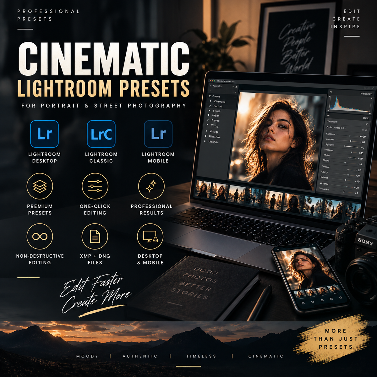 Cinematic Lightroom presets shown on desktop and mobile with Lightroom compatibility, XMP files, and one-click editing.
