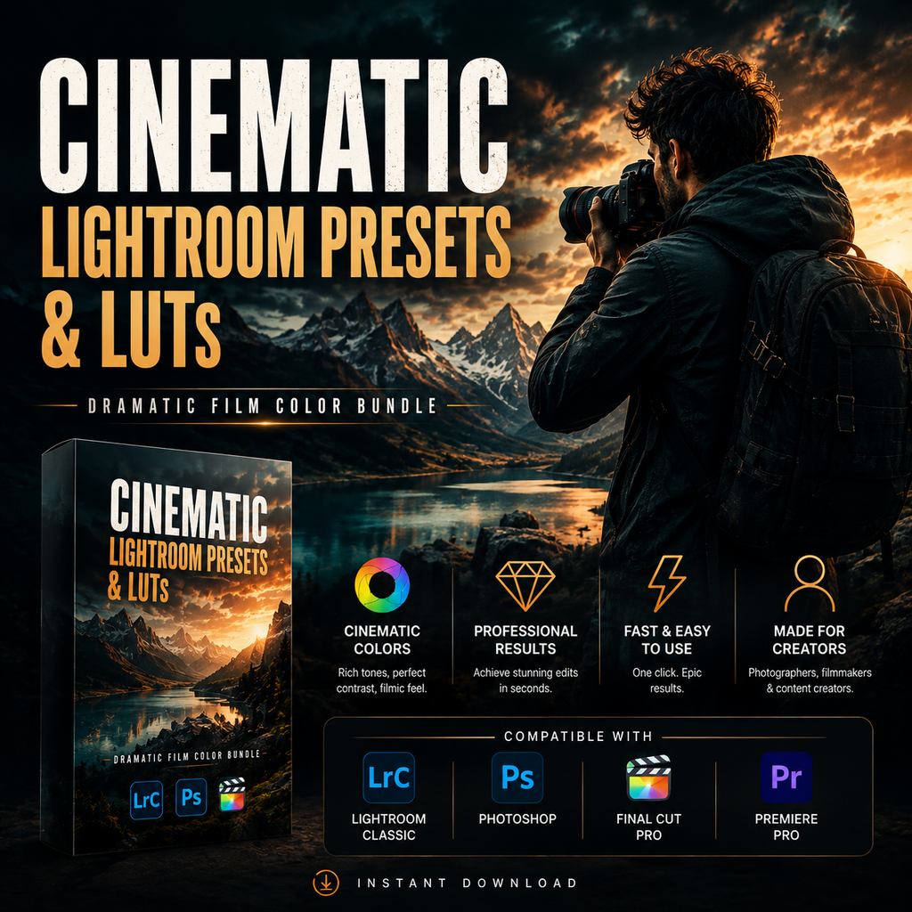 Promotional graphic for cinematic Lightroom presets and LUTs, featuring a dramatic mountain landscape with a photographer silhouette, large title text, a product box mockup, feature icons, and compatibility logos for Lightroom, Photoshop, Final Cut Pro, and Premiere Pro.