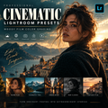 Promotional graphic for 'Cinematic Lightroom Presets' showing a moody portrait of a woman in warm golden-hour lighting, with text about mood-based color grading and five sample preset categories. Adobe Lightroom compatibility badge is visible.