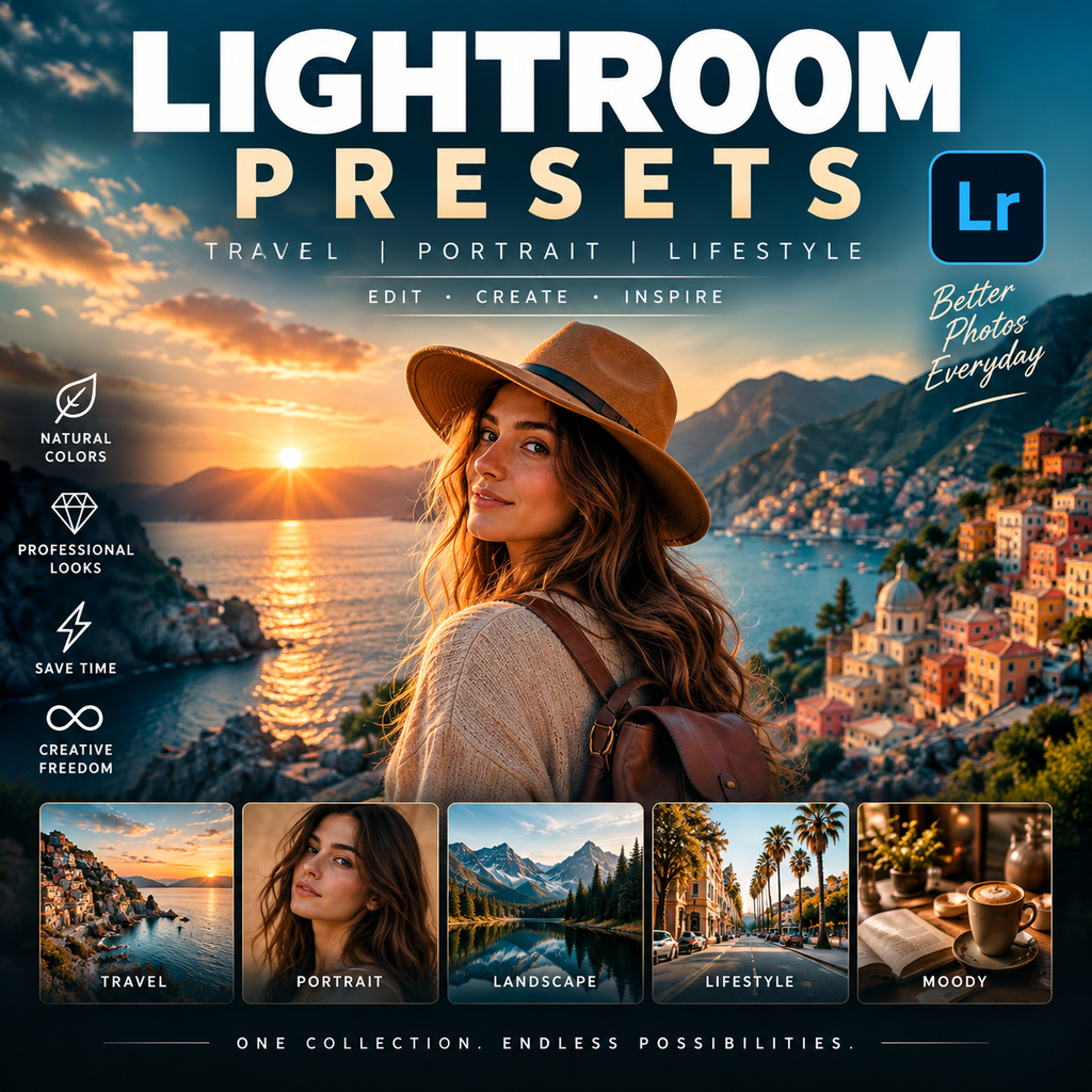 Promotional graphic for Lightroom presets showing a woman in a hat against a scenic coastal sunset, with large text reading 'LIGHTROOM PRESETS' and feature icons on the left. Five small example photo tiles appear along the bottom.