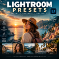 Promotional graphic for Lightroom presets showing a woman in a hat against a scenic coastal sunset, with large text reading 'LIGHTROOM PRESETS' and feature icons on the left. Five small example photo tiles appear along the bottom.