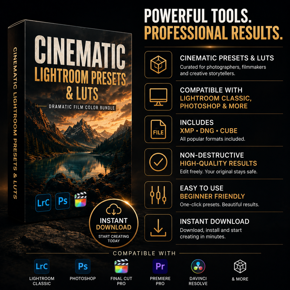 Promotional graphic for a digital preset bundle titled 'Cinematic Lightroom Presets & Luts' shown on a software box mockup, with feature callouts and compatibility icons for Lightroom, Photoshop, Final Cut Pro, Premiere Pro, and DaVinci Resolve.