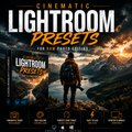 Promotional graphic for Cinematic Lightroom Presets, showing a scenic mountain landscape at sunset with a person standing on a cliff overlooking a lake, alongside a product box and feature icons. Text reads 'CINEMATIC LIGHTROOM PRESETS FOR RAW PHOTO EDITING' and includes Adobe Lightroom and Photoshop compatibility badges.