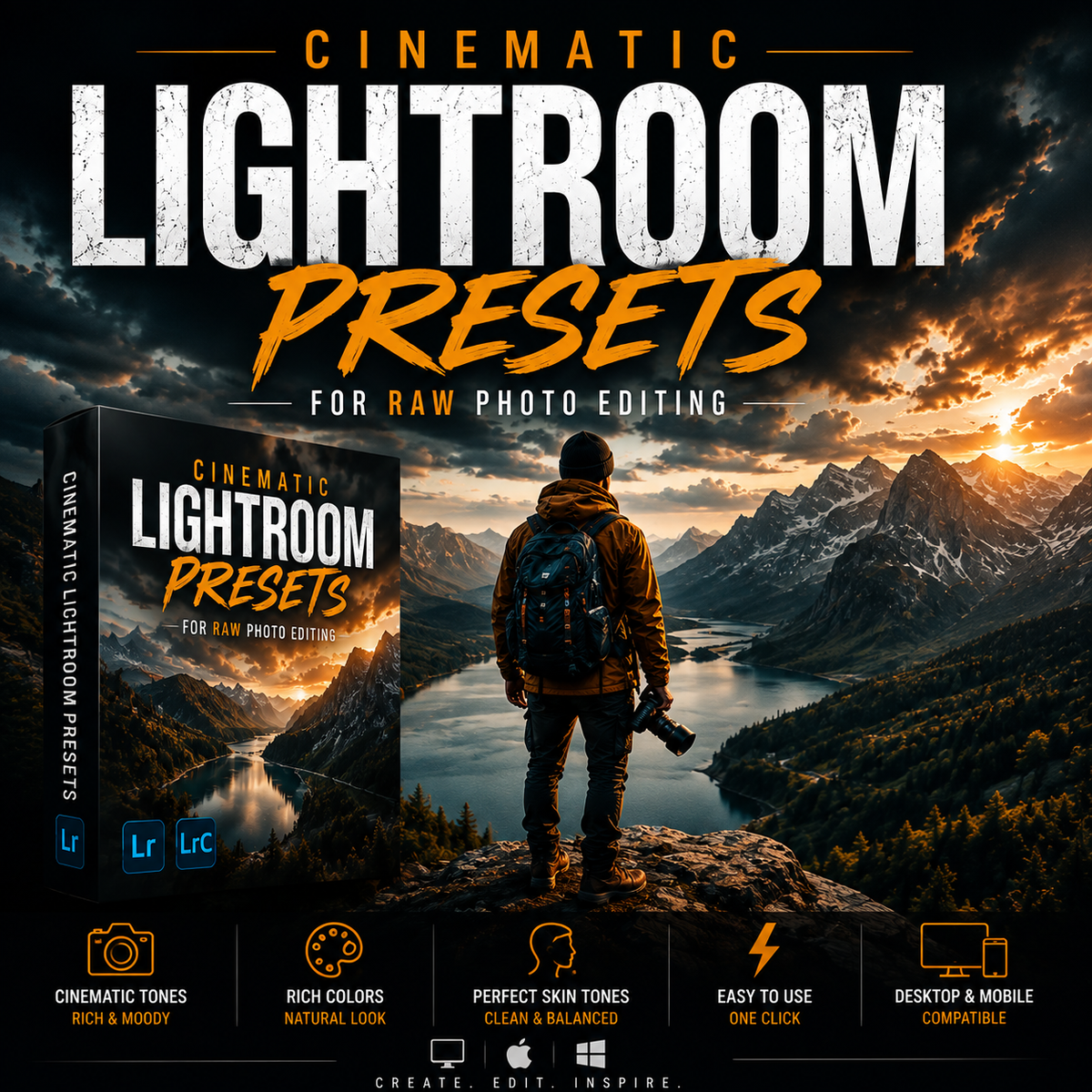 Promotional graphic for Cinematic Lightroom Presets, showing a scenic mountain landscape at sunset with a person standing on a cliff overlooking a lake, alongside a product box and feature icons. Text reads 'CINEMATIC LIGHTROOM PRESETS FOR RAW PHOTO EDITING' and includes Adobe Lightroom and Photoshop compatibility badges.