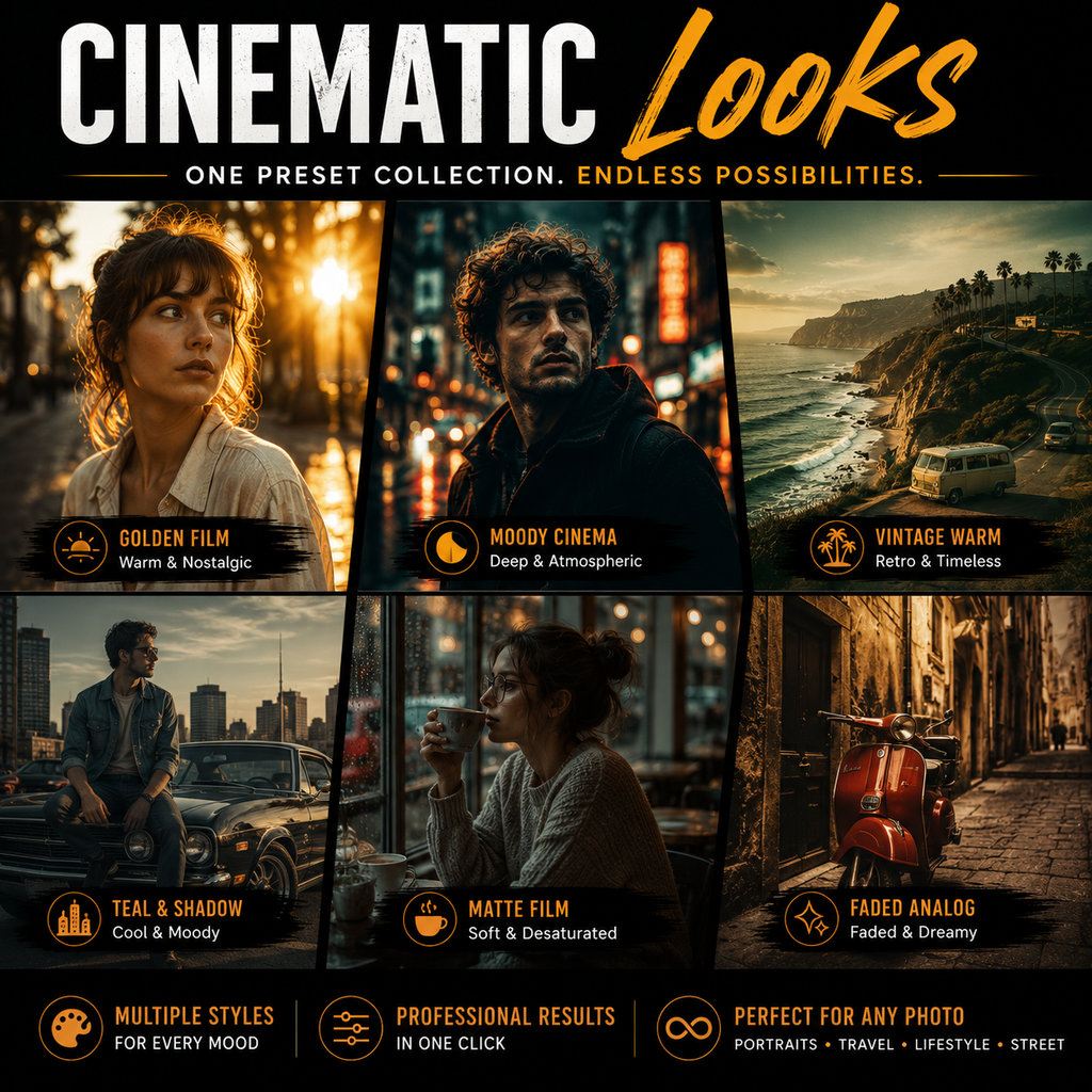 Promotional graphic for a preset collection titled 'Cinematic Looks' with six example portrait and landscape photo styles, including Golden Film, Moody Cinema, Vintage Warm, Teal & Shadow, Matte Film, and Faded Analog, plus feature callouts at the bottom.