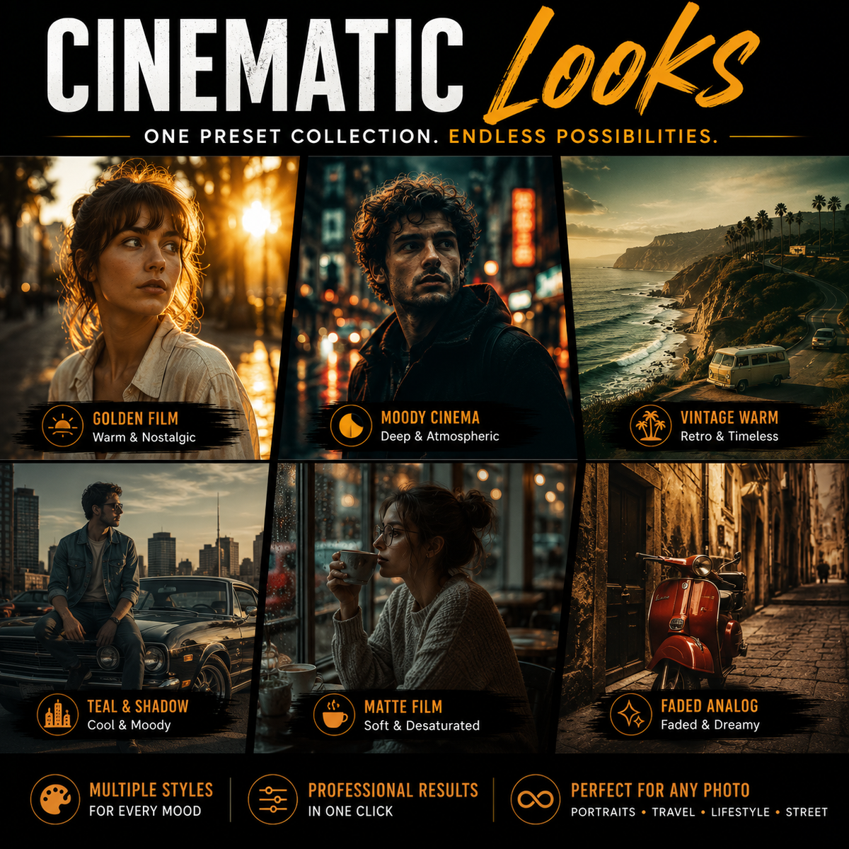 Promotional graphic for a preset collection titled 'Cinematic Looks' with six example portrait and landscape photo styles, including Golden Film, Moody Cinema, Vintage Warm, Teal & Shadow, Matte Film, and Faded Analog, plus feature callouts at the bottom.