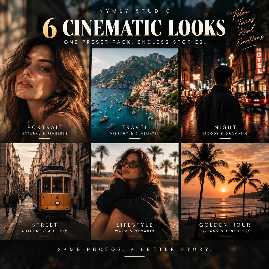 A promotional graphic for a preset pack titled '6 CINEMATIC LOOKS' by Nymly Studio, showing six example photo panels with film-style editing: a close-up portrait, a coastal town scene, a nighttime street scene, a tram street scene, a lifestyle portrait, and a golden-hour seascape. Text reads 'One preset pack.
