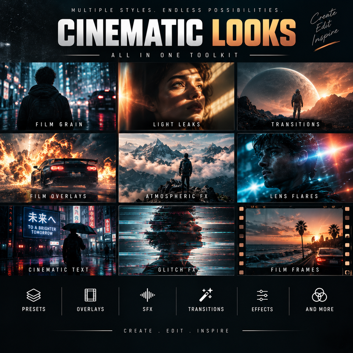 Promotional graphic for a digital preset and overlay toolkit titled 'Cinematic Looks All In One Toolkit,' showing a grid of dark, cinematic visual effects examples such as film grain, light leaks, transitions, lens flares, atmospheric effects, and glitch art, with feature icons below on a black background.