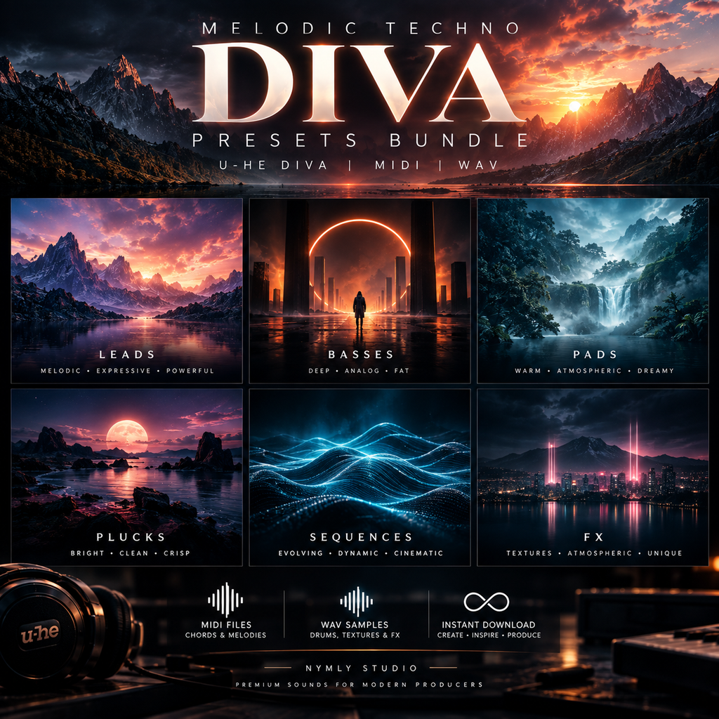 Promotional graphic for the 'DIVA Presets Bundle' by Nyml Studio, showcasing six preset categories (Leads, Basses, Pads, Plucks, Sequences, FX) with corresponding atmospheric techno music visuals, set against a dark mountain landscape background.